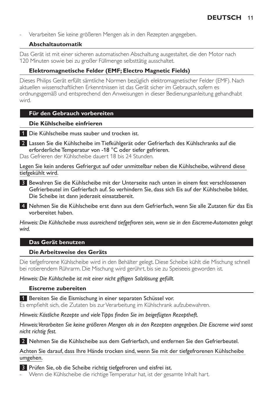 Abschaltautomatik, Für den gebrauch vorbereiten, Die kühlscheibe einfrieren | Das gerät benutzen, Die arbeitsweise des geräts, Eiscreme zubereiten | Philips HR2304 User Manual | Page 11 / 32