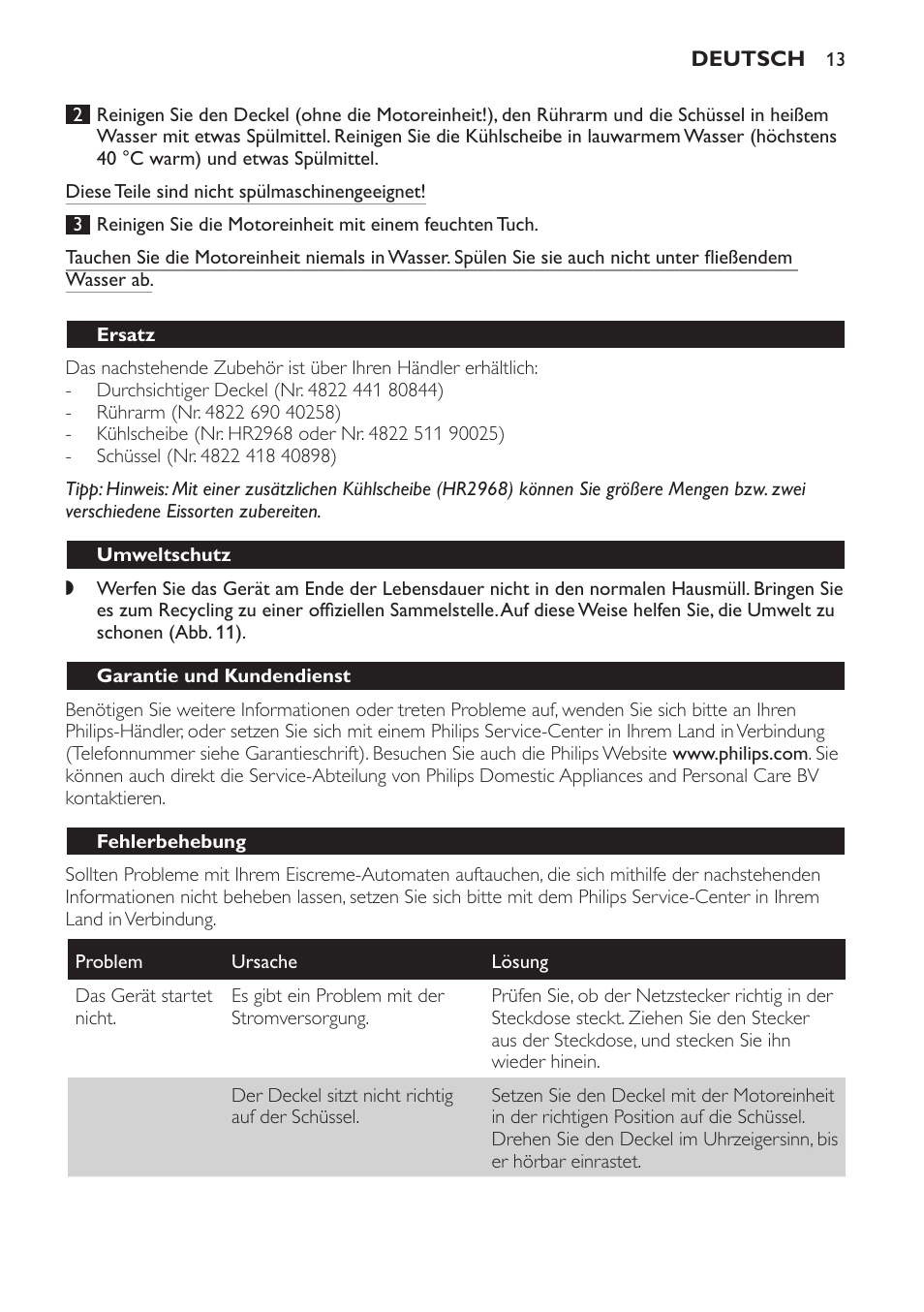Ersatz, Umweltschutz, Garantie und kundendienst | Fehlerbehebung | Philips HR2304 User Manual | Page 13 / 32