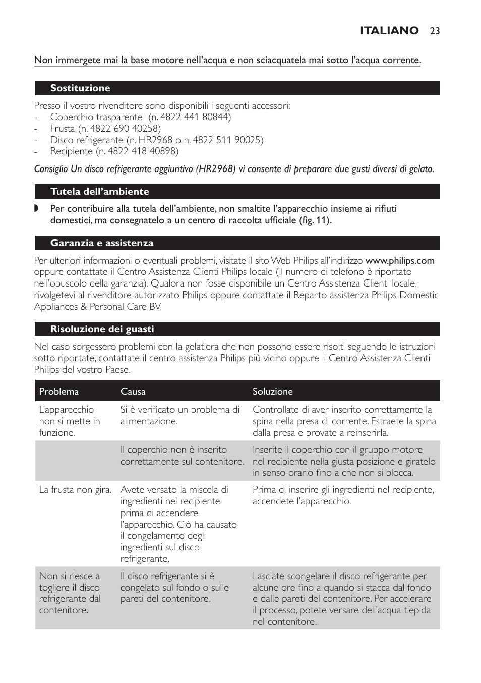 Sostituzione, Tutela dell’ambiente, Garanzia e assistenza | Risoluzione dei guasti | Philips HR2304 User Manual | Page 23 / 32