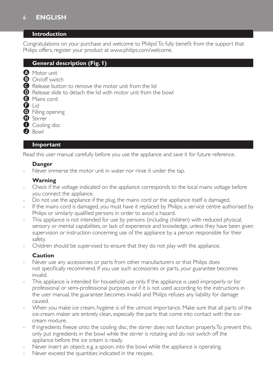 English, Introduction, General description (fig. 1) | Important, Danger, Warning, Caution | Philips HR2304 User Manual | Page 6 / 32