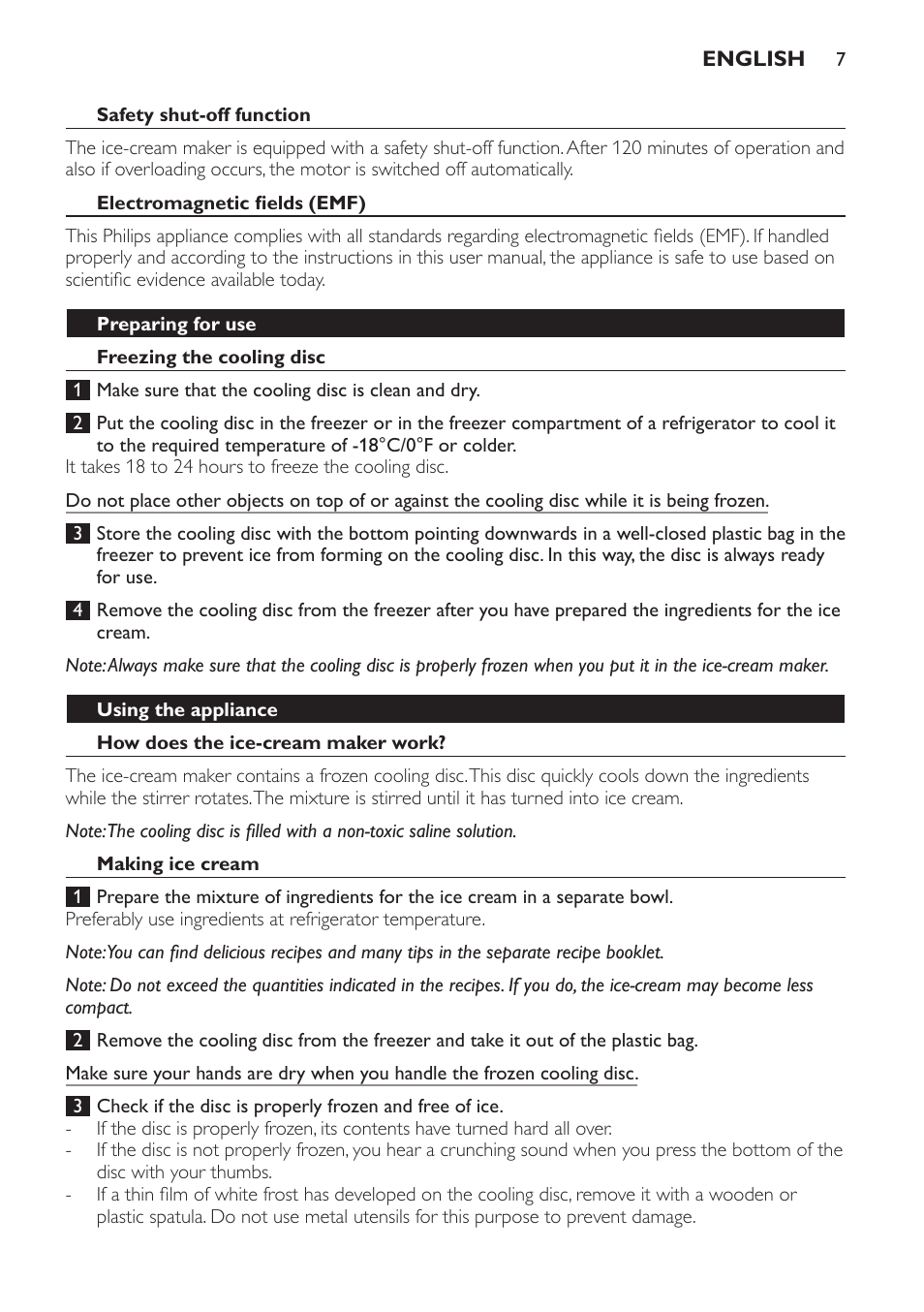 Safety shut-off function, Electromagnetic fields (emf), Preparing for use | Freezing the cooling disc, Using the appliance, How does the ice-cream maker work, Making ice cream | Philips HR2304 User Manual | Page 7 / 32