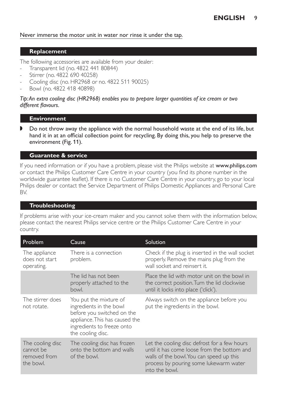Replacement, Environment, Guarantee & service | Troubleshooting | Philips HR2304 User Manual | Page 9 / 32