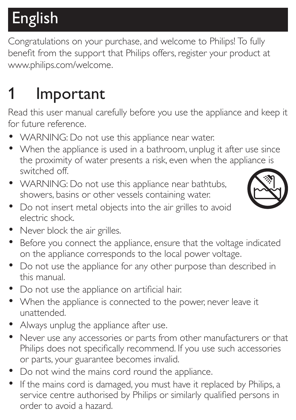 English, 1 important | Philips HP8102 User Manual | Page 3 / 6