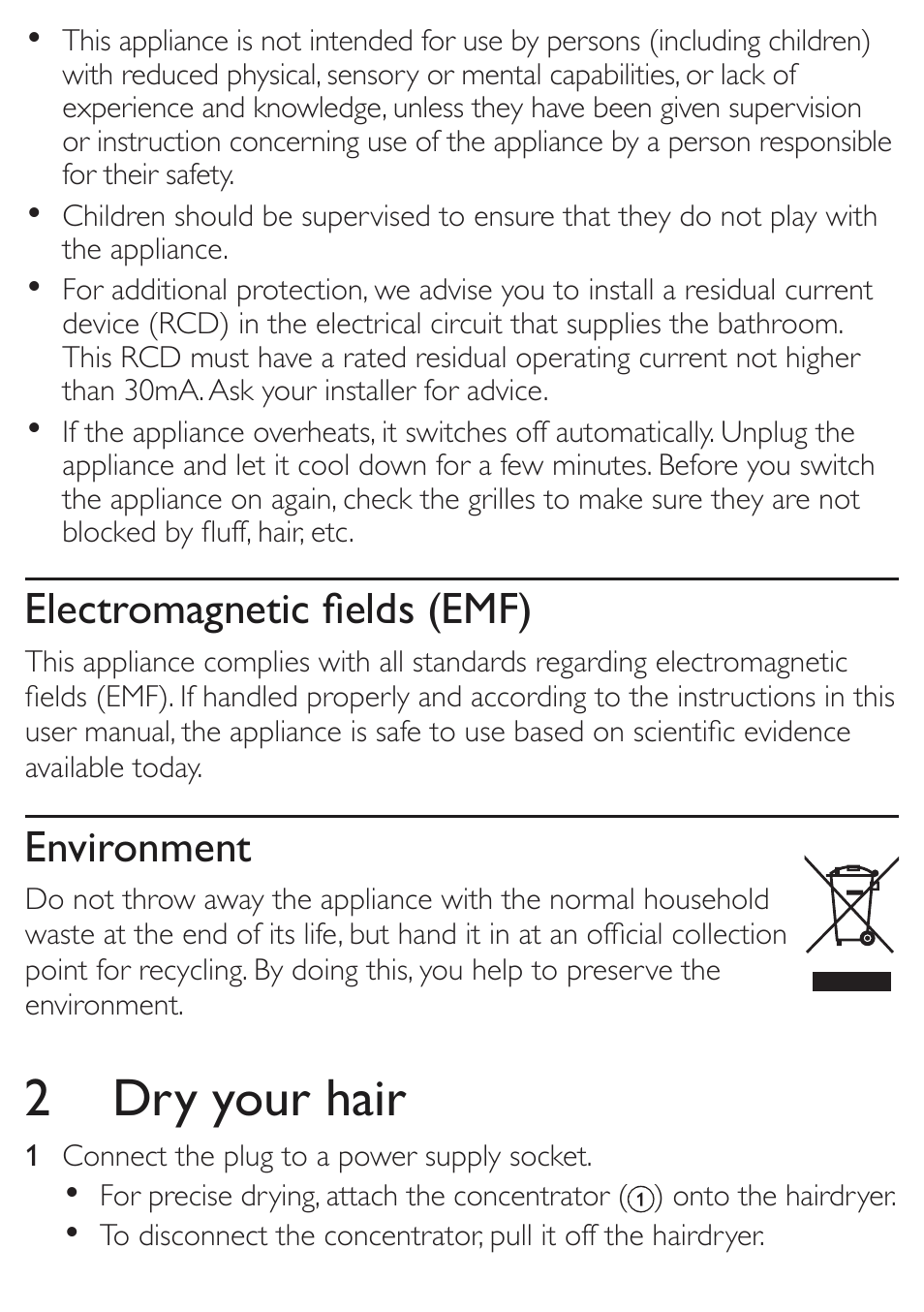 2 dry your hair, Electromagnetic fields (emf), Environment | Philips HP8102 User Manual | Page 4 / 6