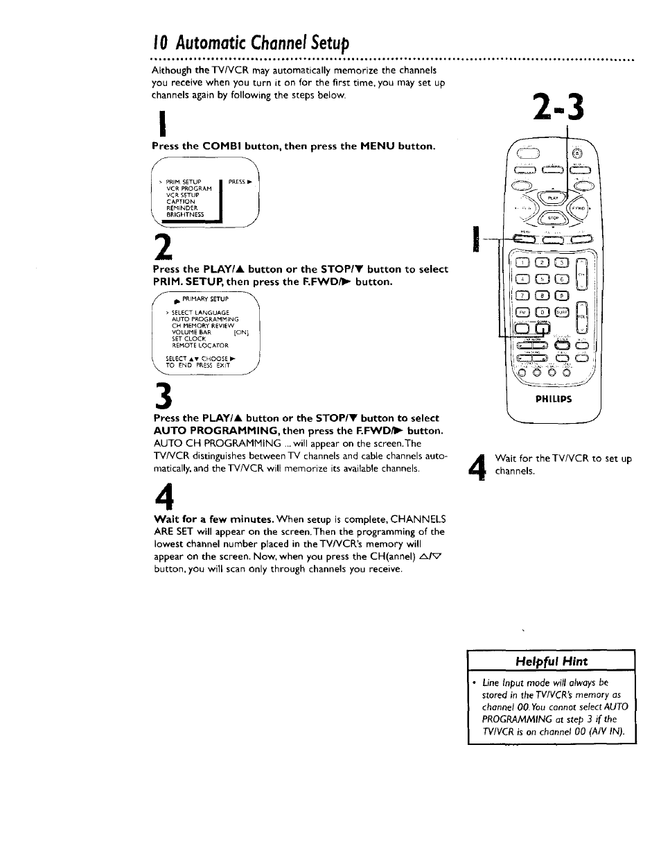 Press the combi button, then press the menu button, 10 automatic channel setup | Philips CCB 134AT User Manual | Page 10 / 68