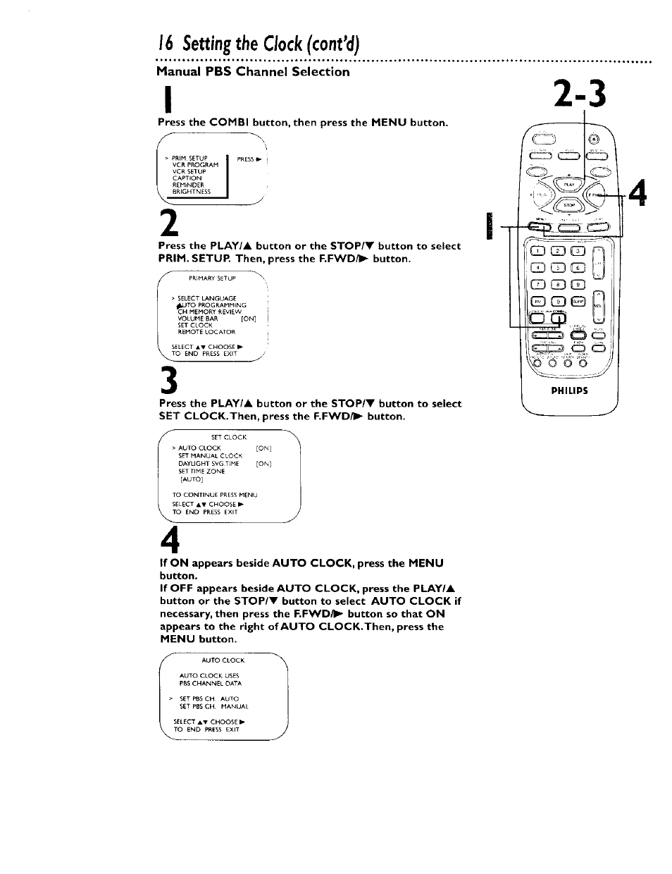Press the combi button, then press the menu button, 16 setting the clock (cont*d) | Philips CCB 134AT User Manual | Page 16 / 68