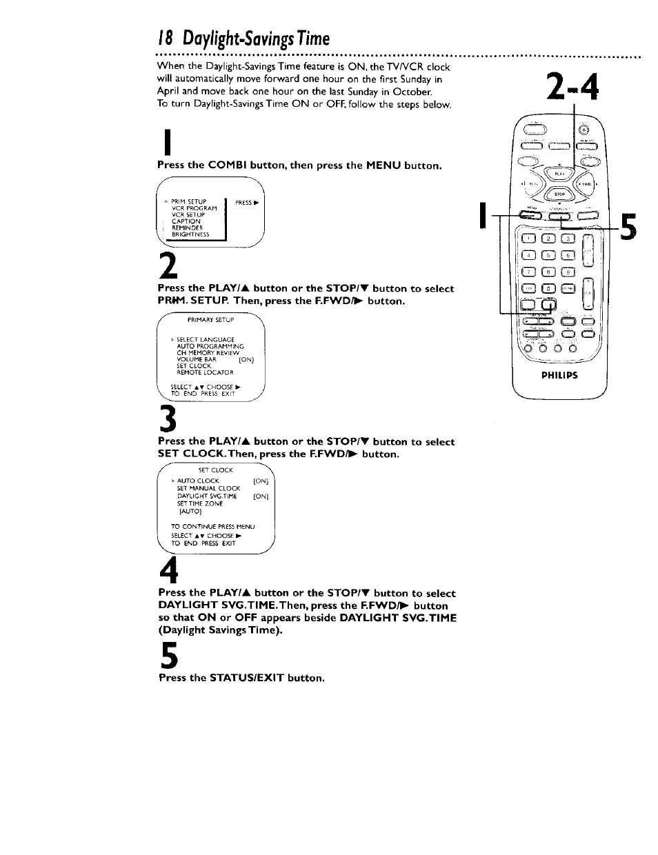 Press the combi button, then press the menu button, 18 daylight-savings time | Philips CCB 134AT User Manual | Page 18 / 68