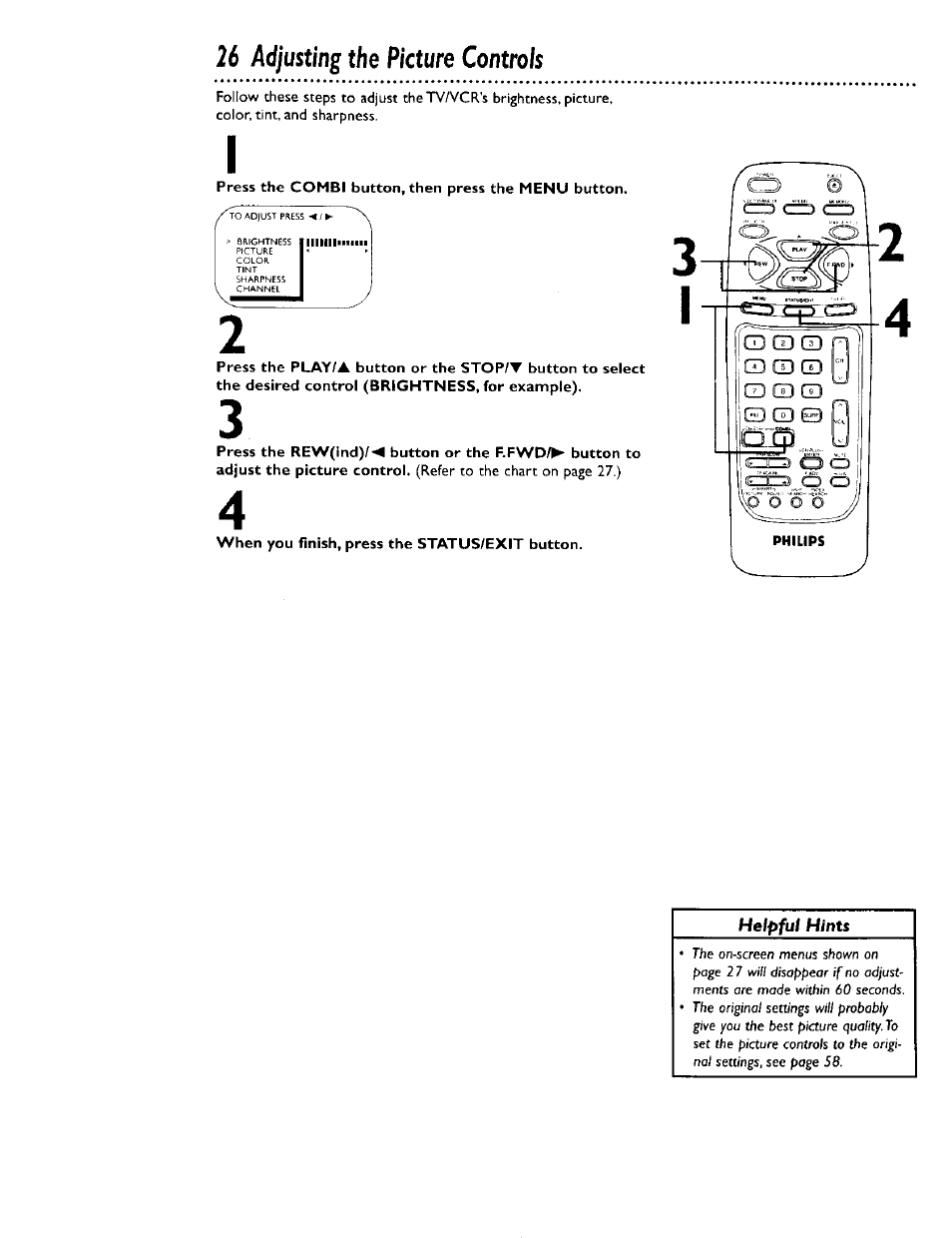 26 adjusting the picture controls | Philips CCB 134AT User Manual | Page 26 / 68