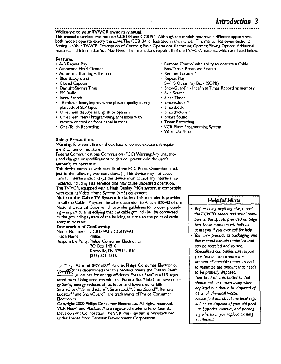 Welcome to yourtv/vcr owner’s manual, Features, Safety precautions | Introduction 3 | Philips CCB 134AT User Manual | Page 3 / 68
