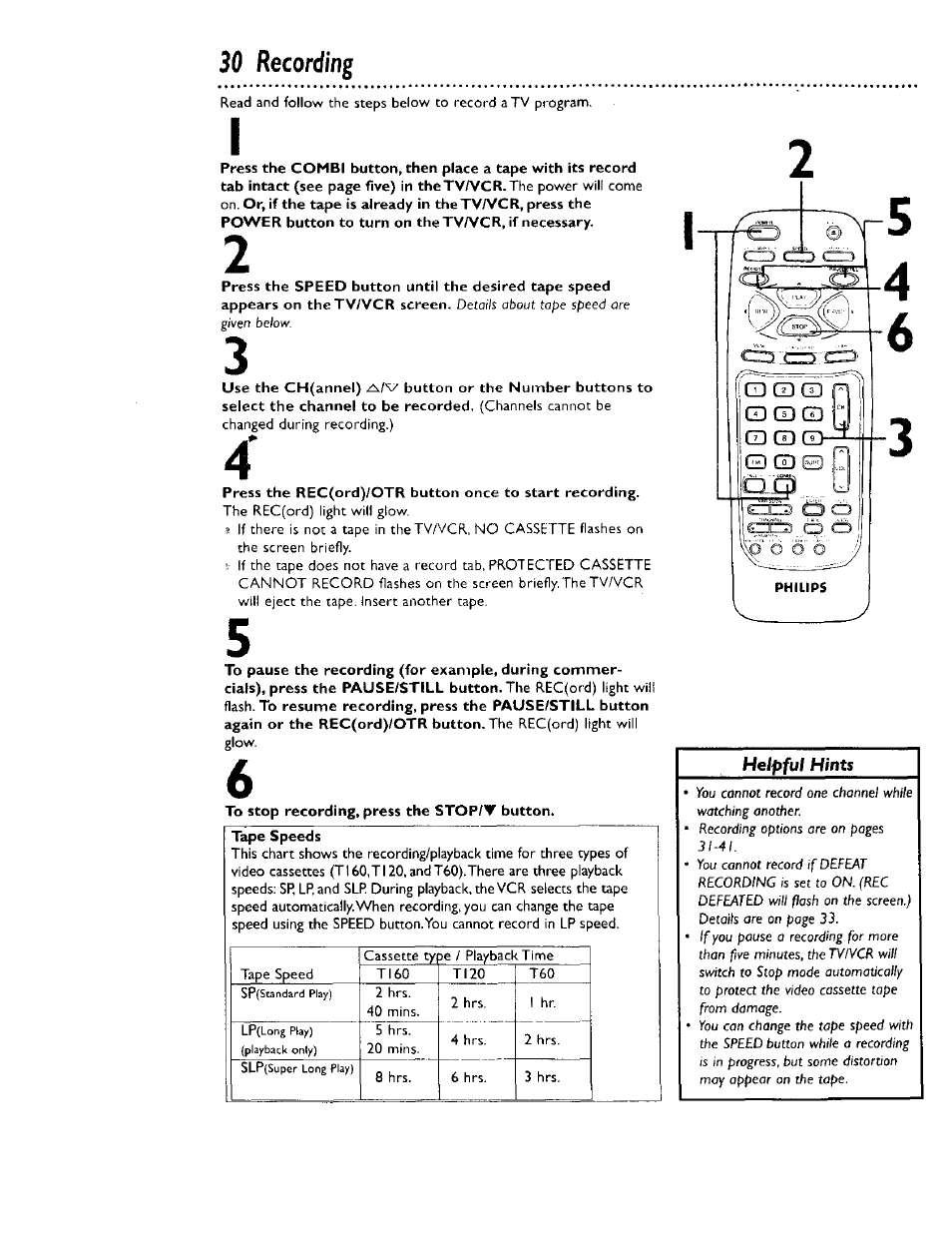 To stop recording, press the stop/v button, 30 recording | Philips CCB 134AT User Manual | Page 30 / 68