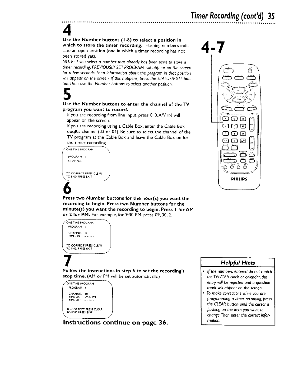 Timer recording (contad) 35, Instructions continue on page 36 | Philips CCB 134AT User Manual | Page 35 / 68