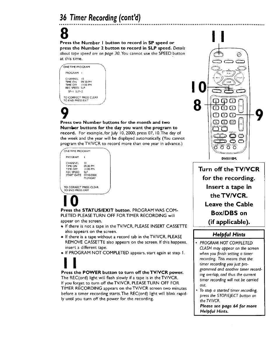 Press the power button to turn off thetv/vcr power, 36 timer recording (cont*d) | Philips CCB 134AT User Manual | Page 36 / 68