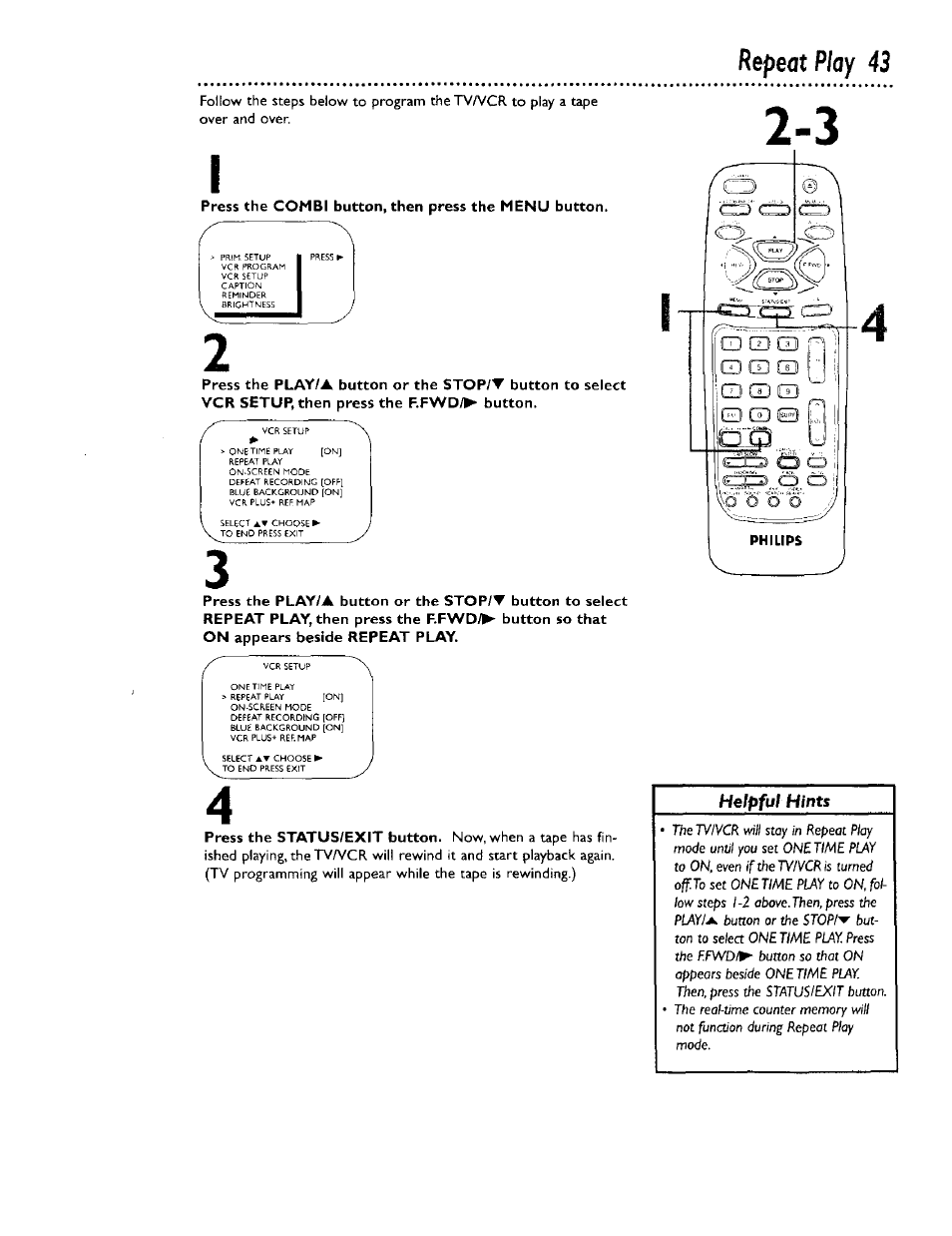 Press the combi button, then press the menu button, Repeat play 43 | Philips CCB 134AT User Manual | Page 43 / 68