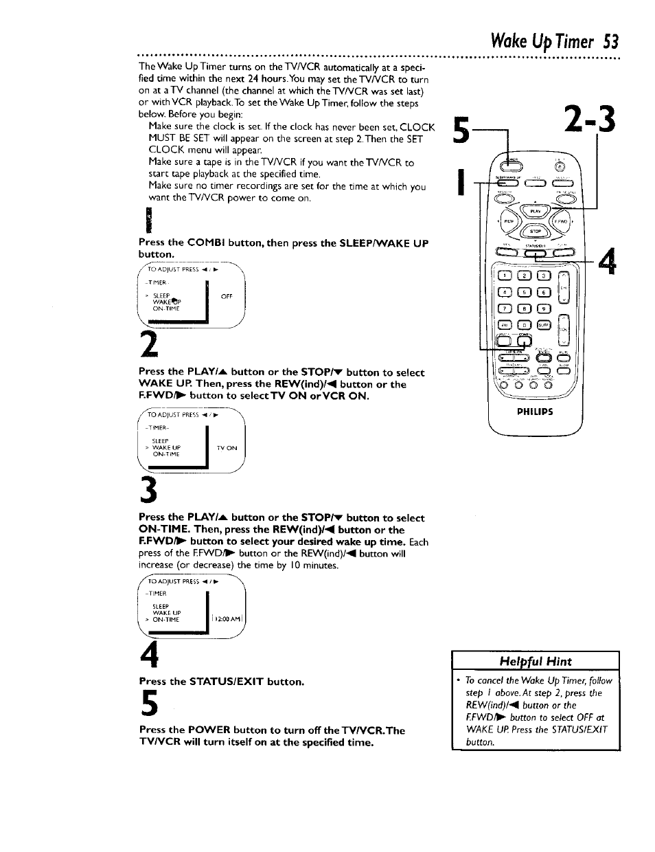 Press the status/exit button, Wake up timer 53, G3 g3 cd cd cd cd cd cd cd cd cd ed | Philips CCB 134AT User Manual | Page 53 / 68