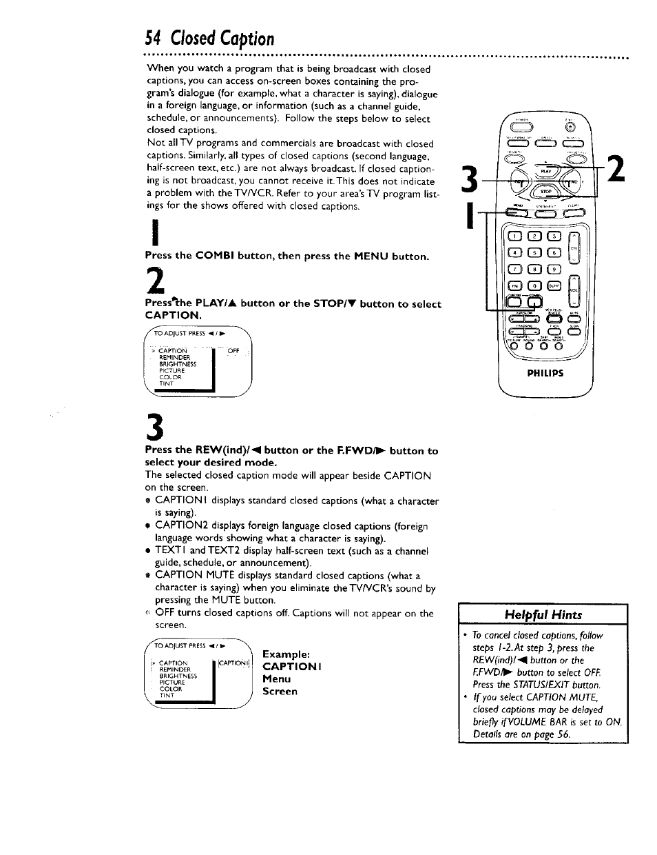 54 closed caption | Philips CCB 134AT User Manual | Page 54 / 68