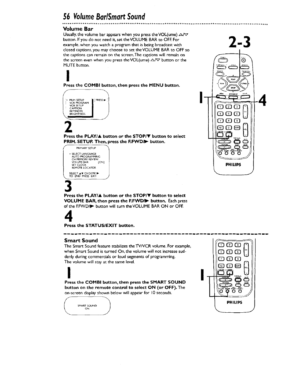 Press the combi button, then press the menu button, Press the status/exit button, 56 volume bar/smart sound | Philips CCB 134AT User Manual | Page 56 / 68