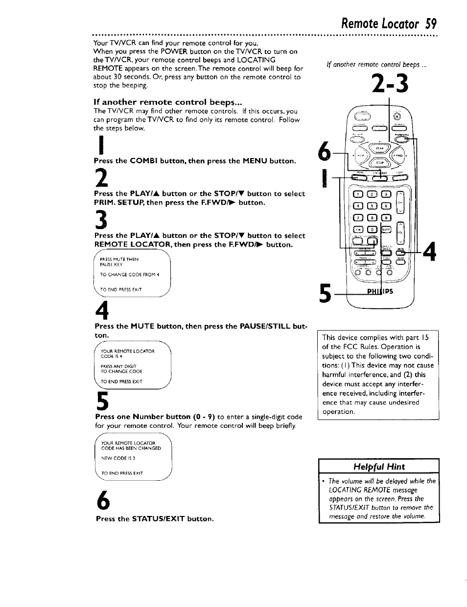 Press the combi button, then press the menu button, Press the status/exit button, Remote locator 59 | Philips CCB 134AT User Manual | Page 59 / 68