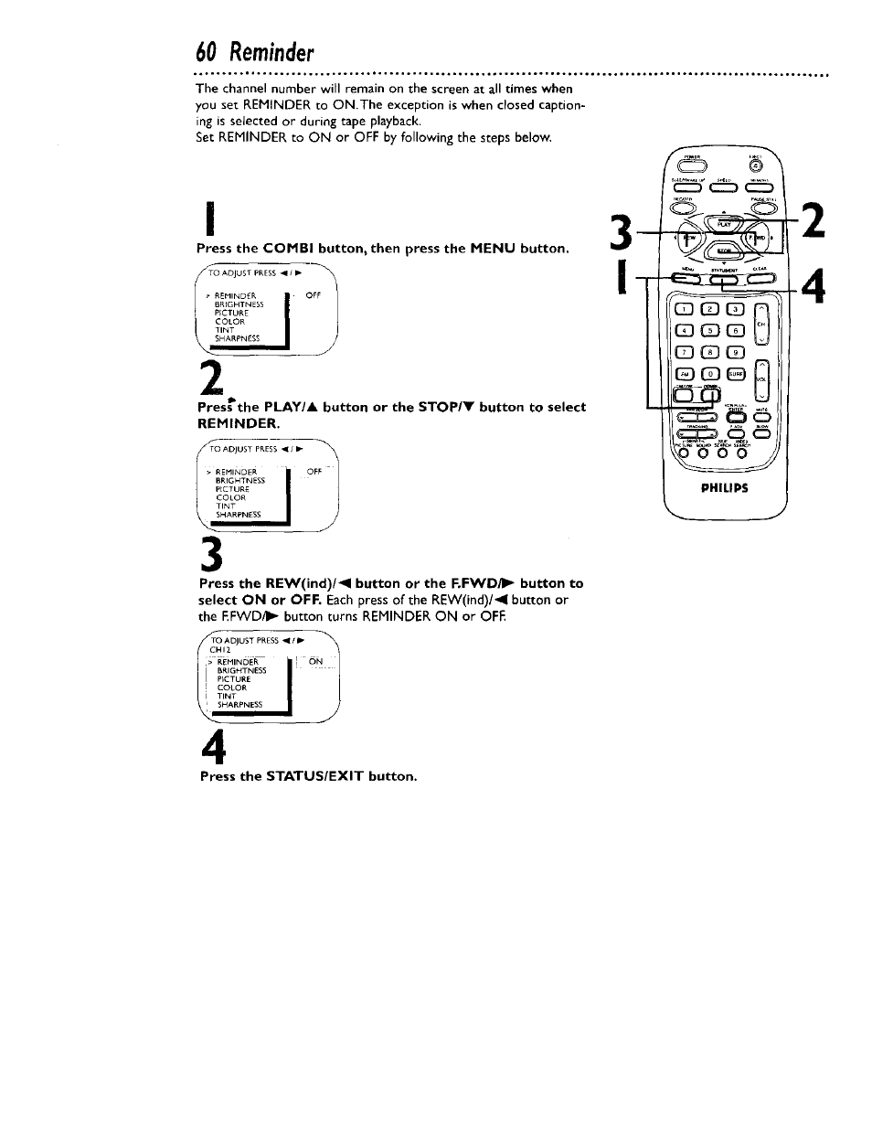 Press the combi button^ then press the menu button, 60 reminder | Philips CCB 134AT User Manual | Page 60 / 68