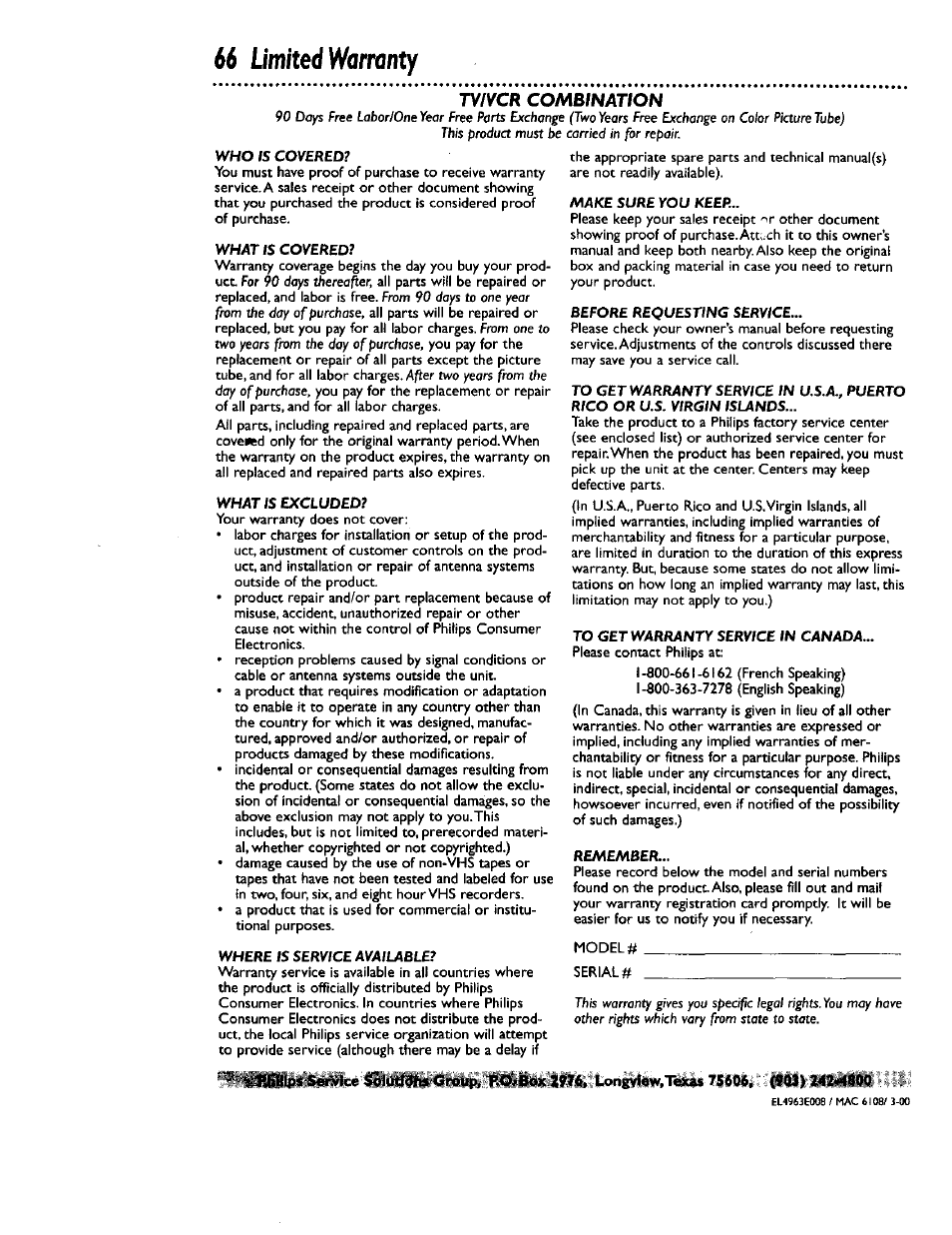 66 limited warranty, Tviycr combination | Philips CCB 134AT User Manual | Page 66 / 68