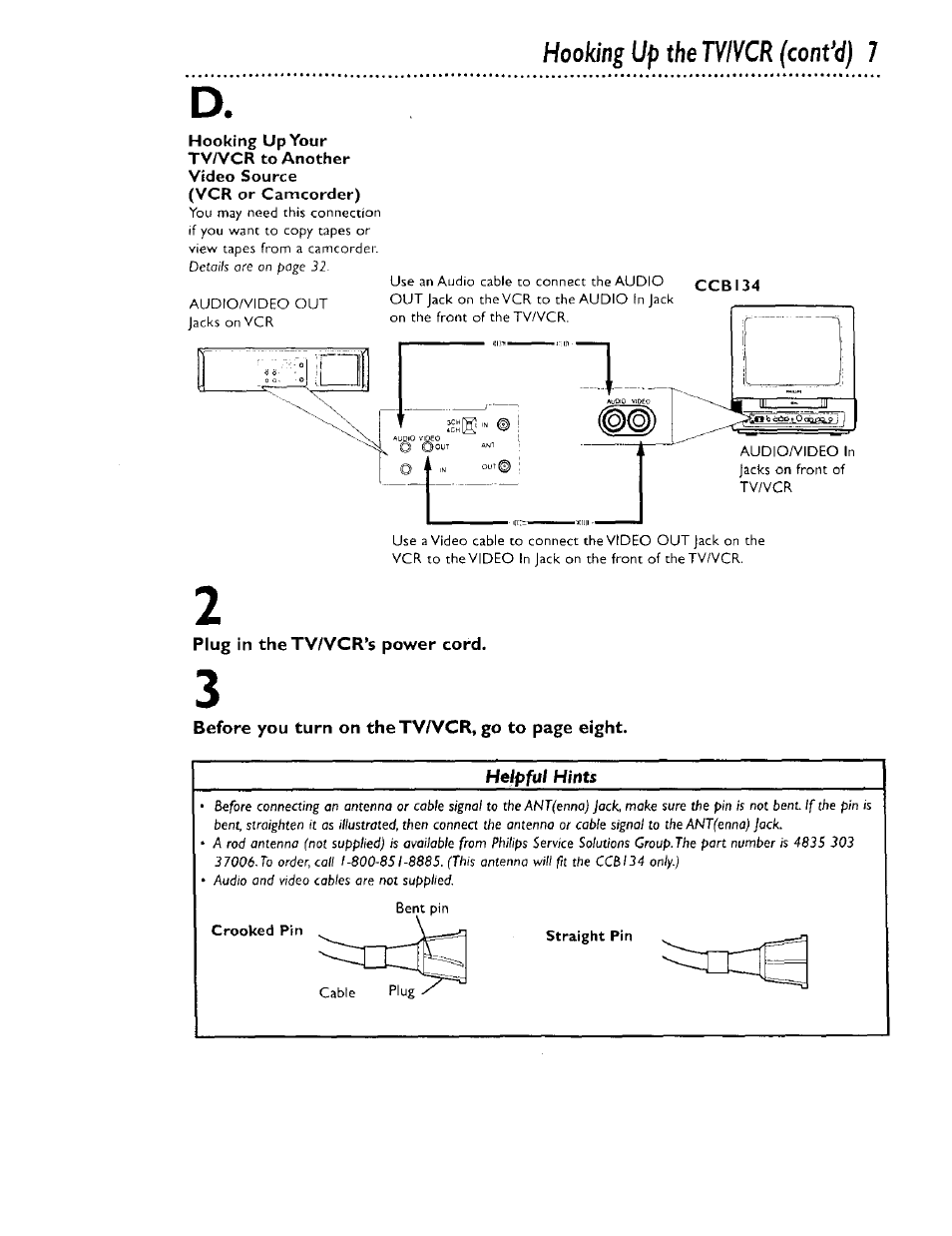 Straight pin, Hooking up the tv/ycr (contad) 1 | Philips CCB 134AT User Manual | Page 7 / 68