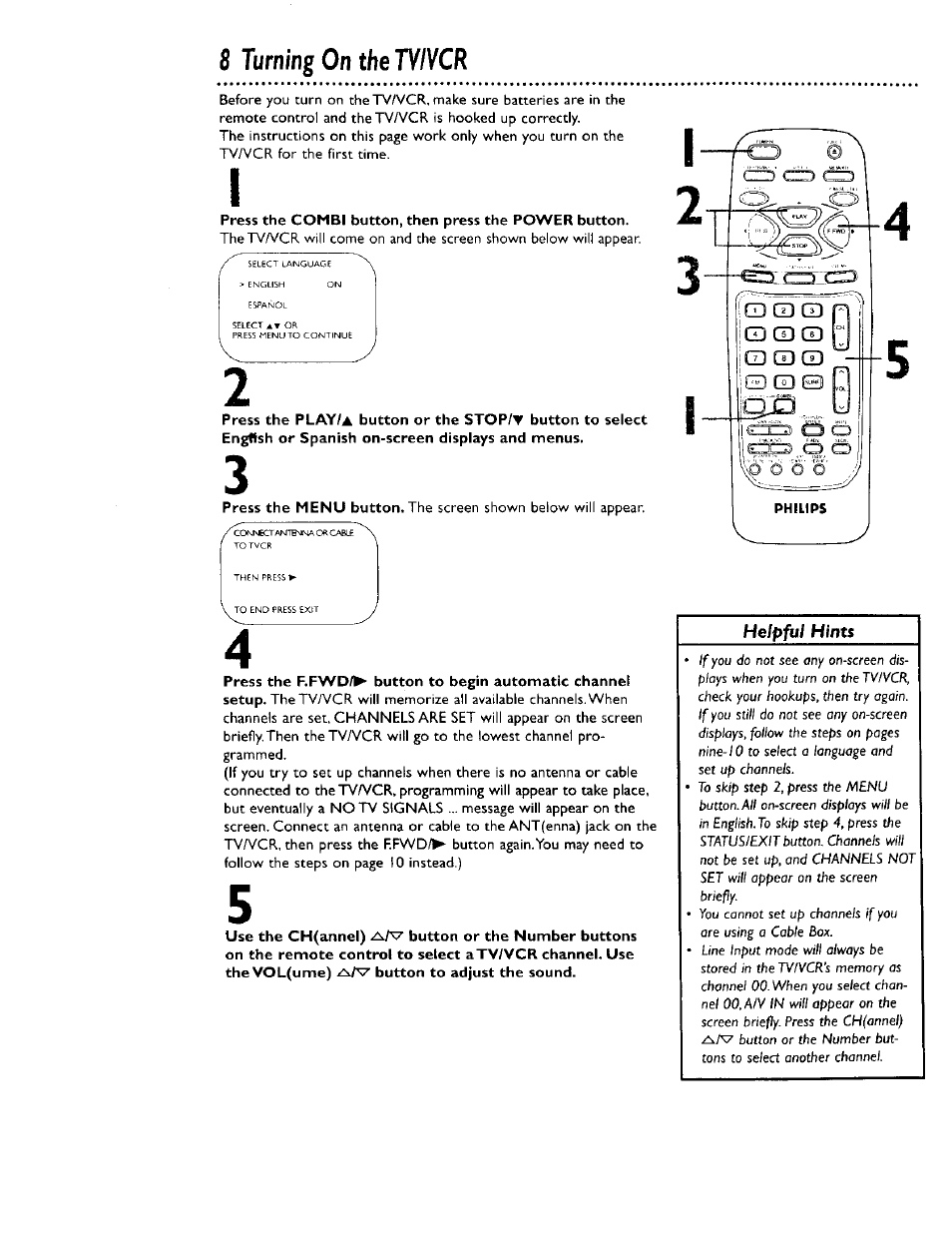 S turning on the ty/vcr, R “5 | Philips CCB 134AT User Manual | Page 8 / 68