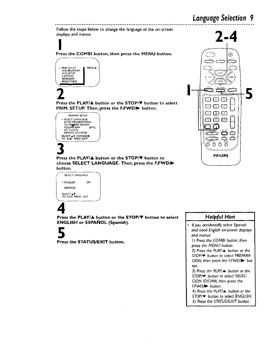 Press the combi button, then press the menu button, Press the status/exit button, Language selection 9 | Philips CCB 134AT User Manual | Page 9 / 68