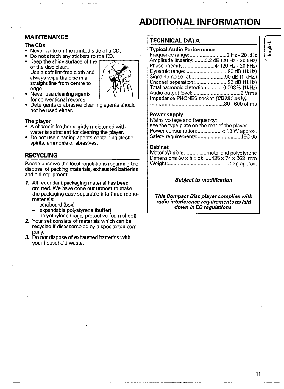 Maiimtenaimce, Recycling, Maintenance recycling | Additional information | Philips CD 721 User Manual | Page 11 / 14