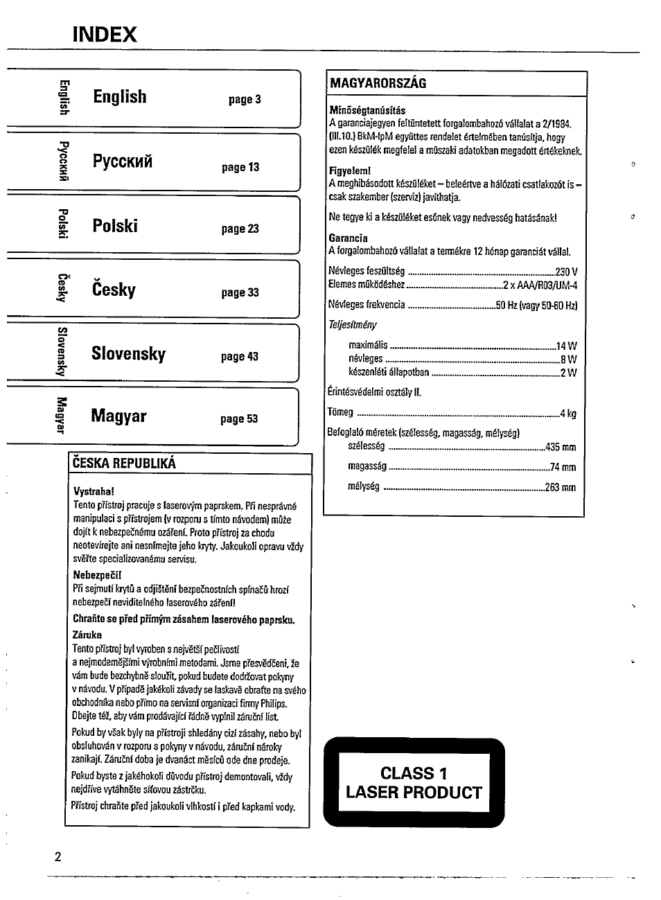 Index, Русский, Ceska republika | Magyarorszag, 1 english, Polski, Cesky, Slovensky, Magyar | Philips CD 721 User Manual | Page 2 / 14