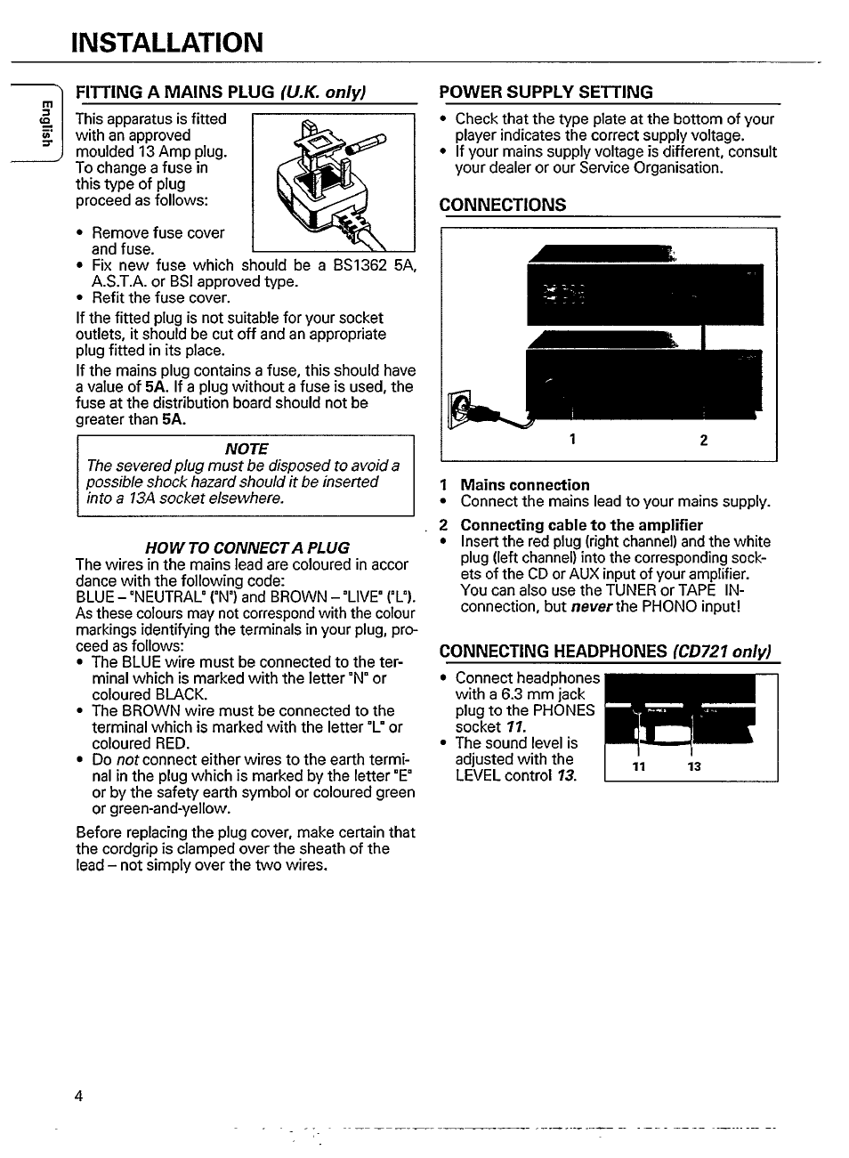 Installation, Fittiimg a mains plug (u.k. only), Power supply setting | Connecting headphones (cd721 only), Fitting a mains plug, U.k. only) | Philips CD 721 User Manual | Page 4 / 14