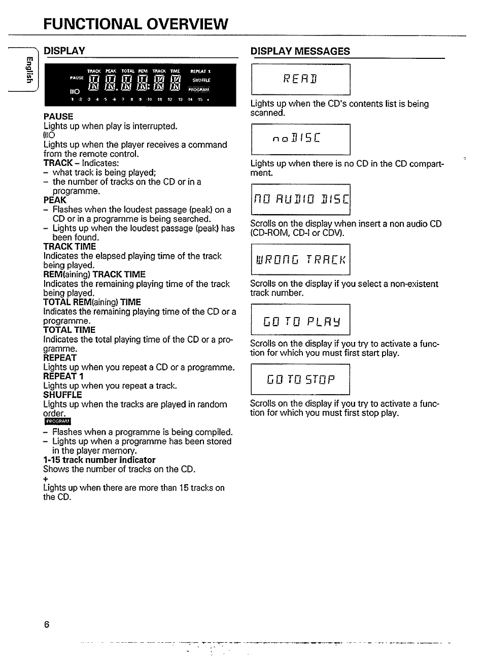Functional overview, Display, Display messages | Rehii, No rijino lilsc | Philips CD 721 User Manual | Page 6 / 14