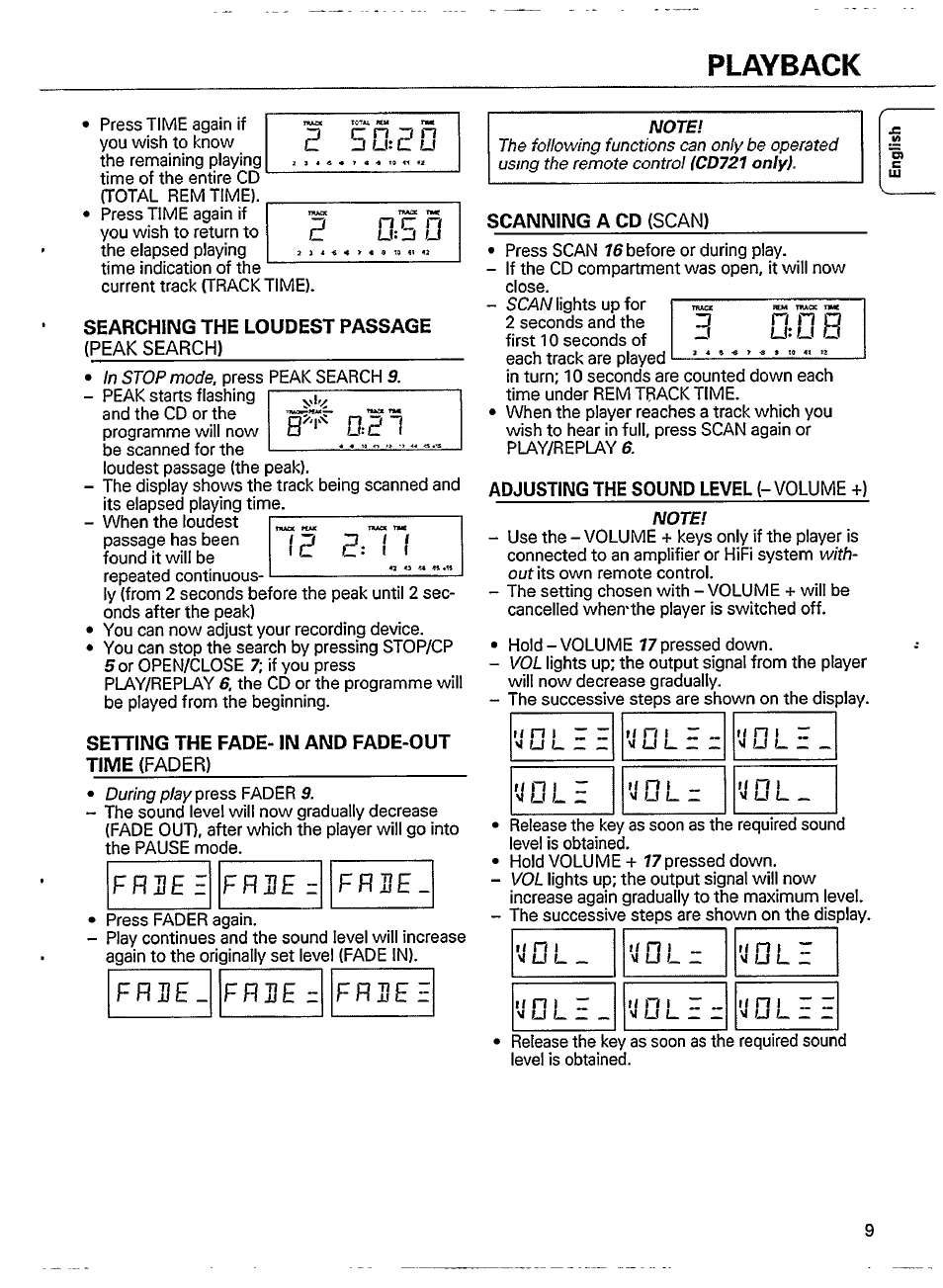 Searching the loudest passage, Peak search), Setting the fade- in and fade-out | Time (fader), Adjusting the sound level (-volume +) note, Playback, F r s e | Philips CD 721 User Manual | Page 9 / 14