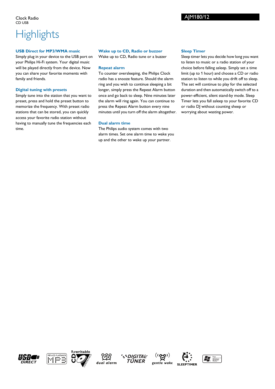 Highlights | Philips AJM180/12 User Manual | Page 2 / 3