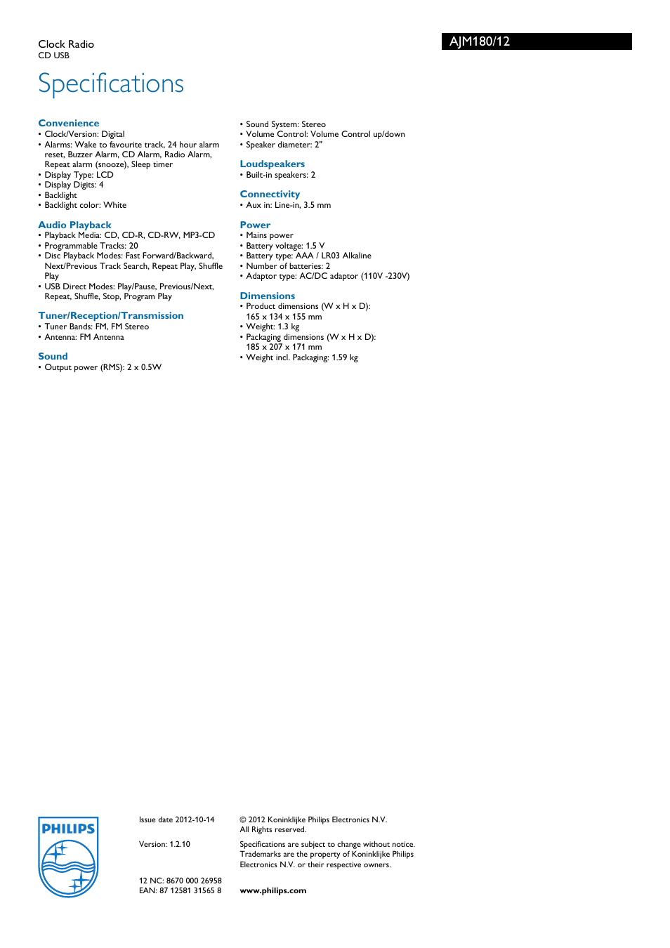 Specifications | Philips AJM180/12 User Manual | Page 3 / 3