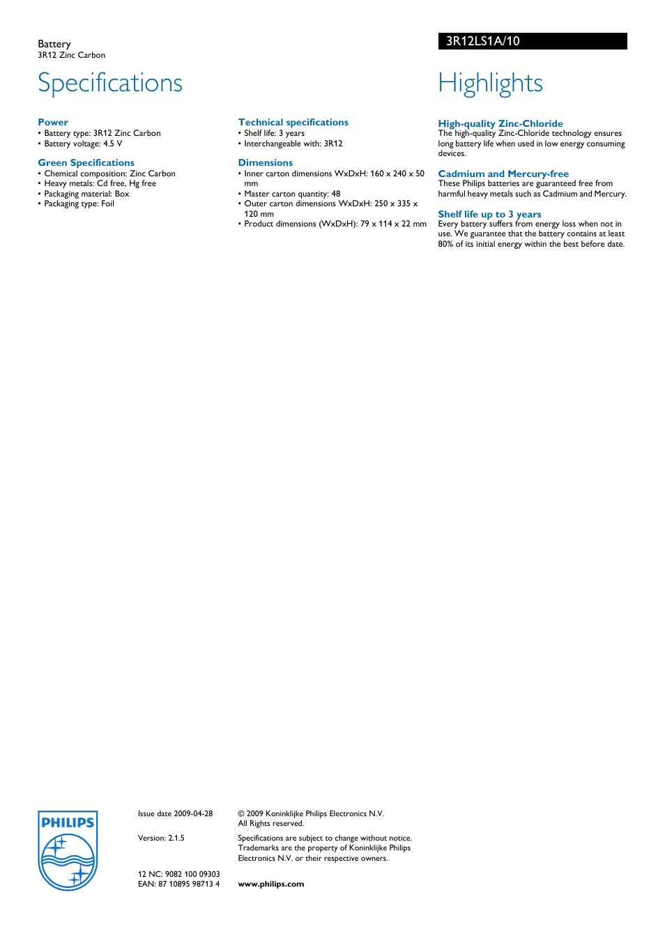 Specifications, Highlights | Philips 3R12LS1A/10 User Manual | Page 2 / 2
