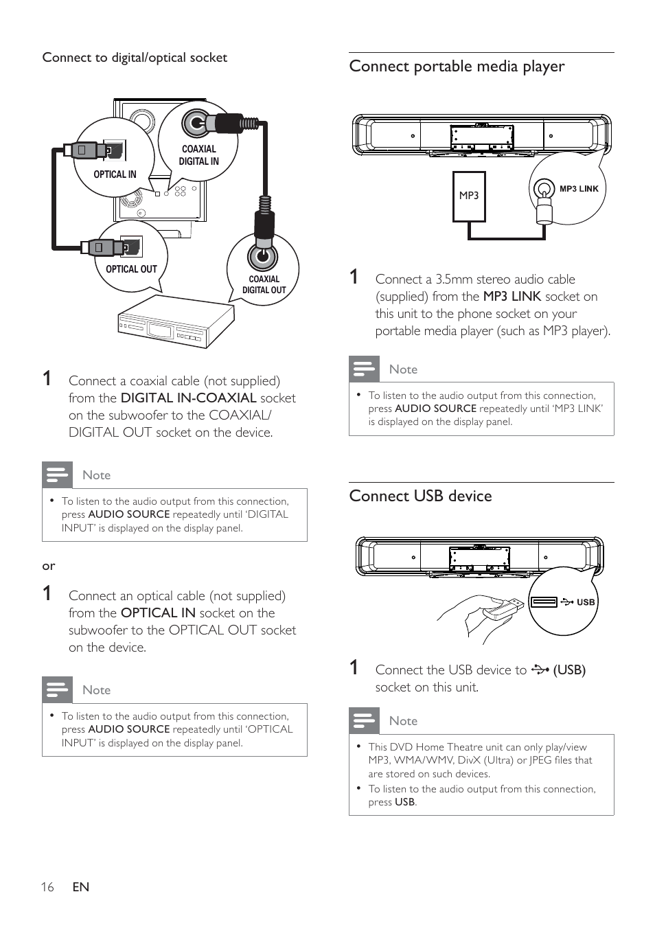 Connect portable media player, Connect usb device | Philips HTS8141/12 User Manual | Page 16 / 51