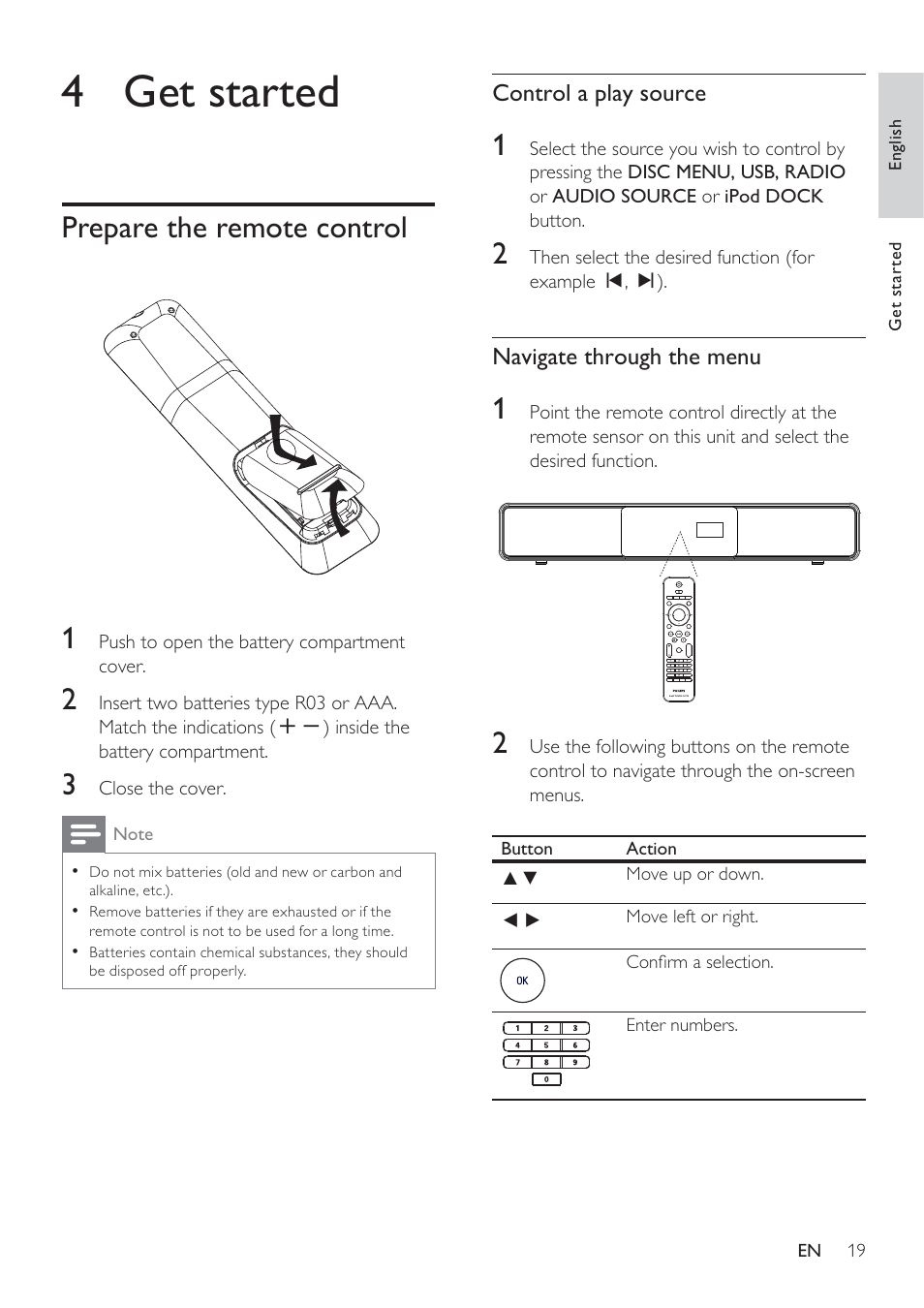 4 get started, Prepare the remote control 1 | Philips HTS8141/12 User Manual | Page 19 / 51