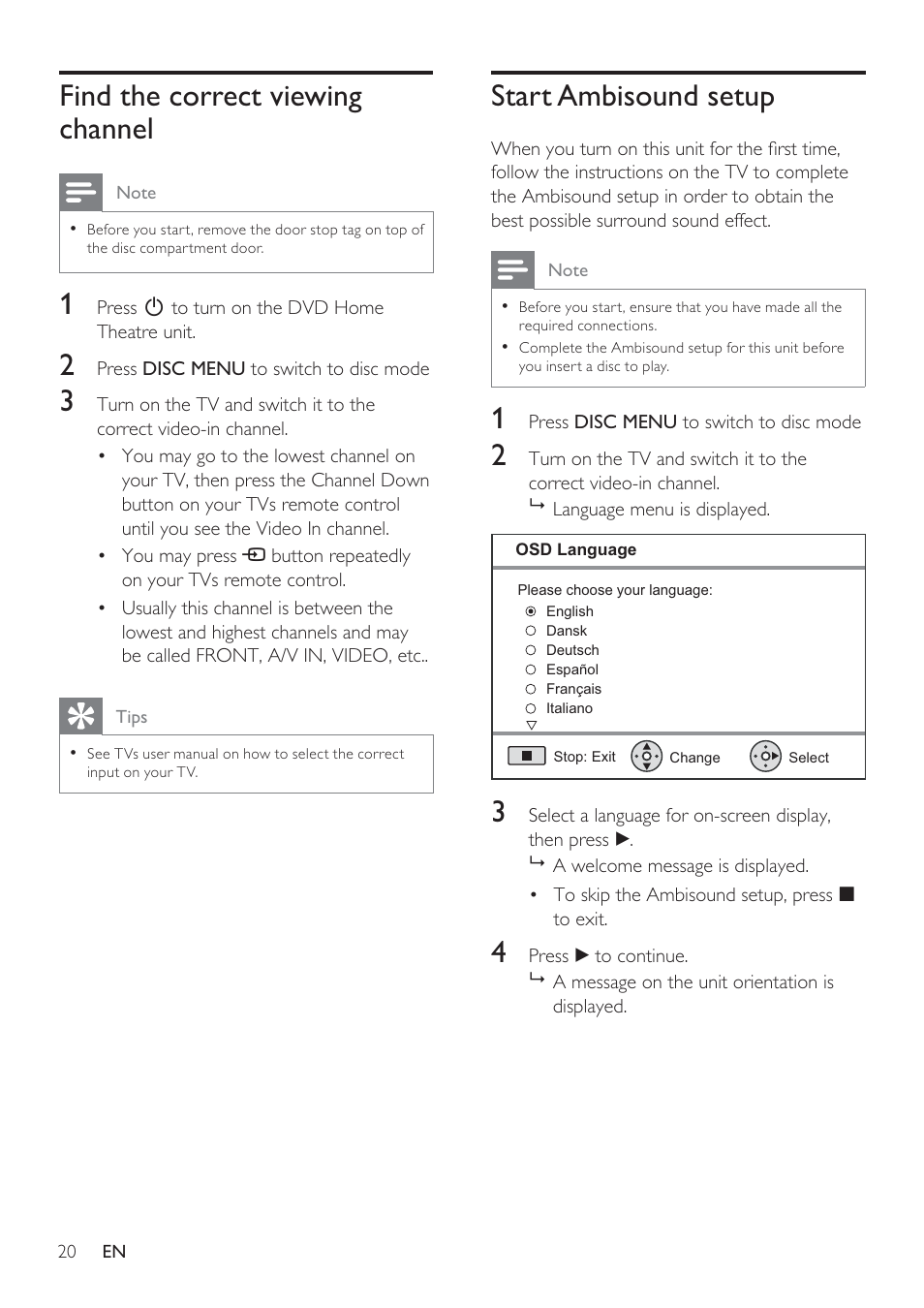 Find the correct viewing channel, Start ambisound setup | Philips HTS8141/12 User Manual | Page 20 / 51