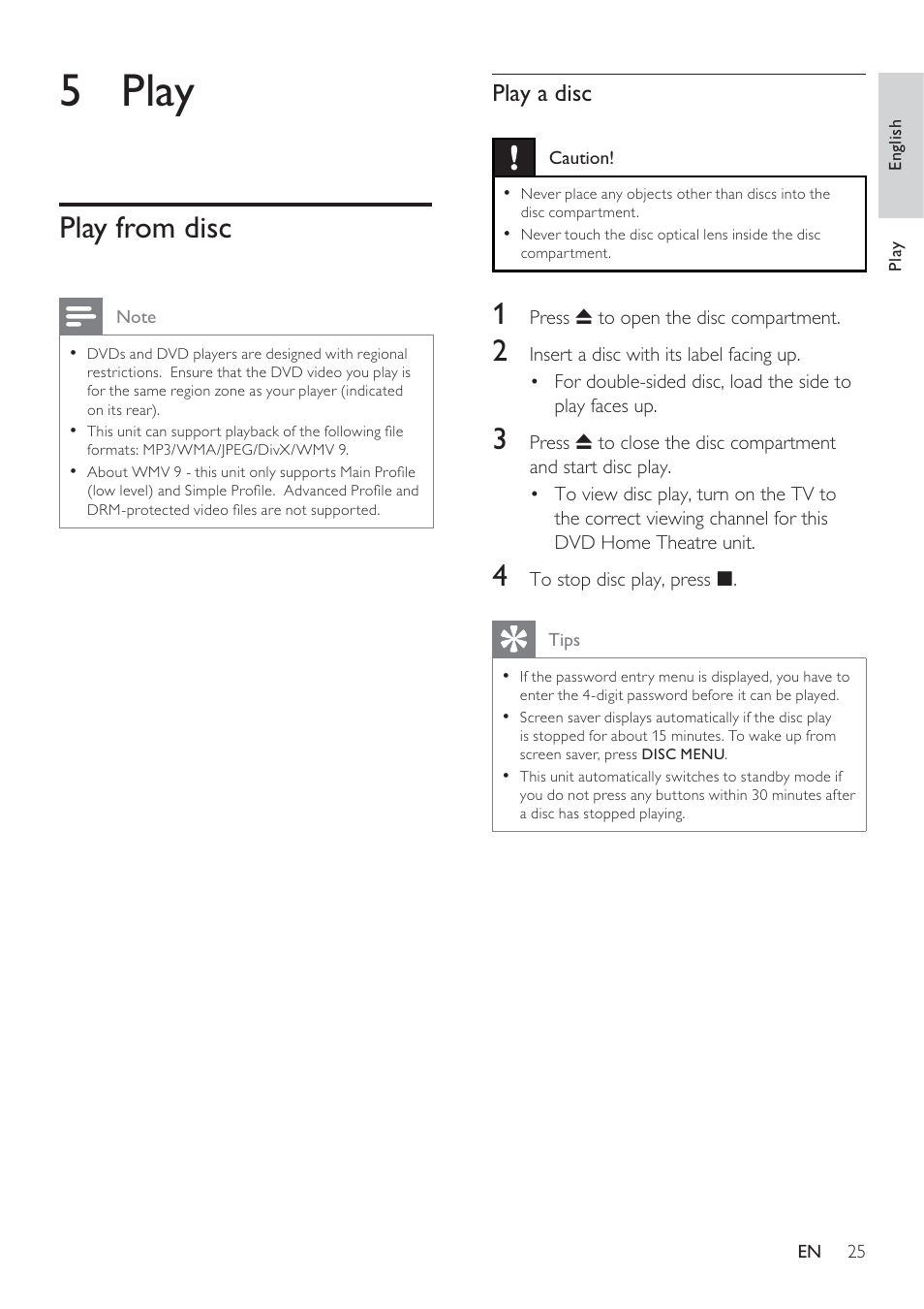 5 play, Play from disc, Play a disc | Philips HTS8141/12 User Manual | Page 25 / 51