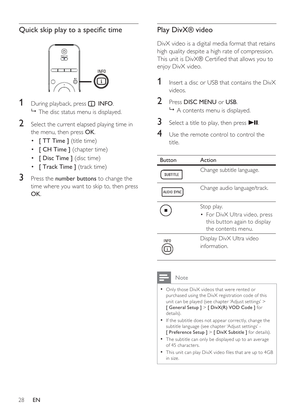 Quick skip play to a specià c time, Play divx® video | Philips HTS8141/12 User Manual | Page 28 / 51