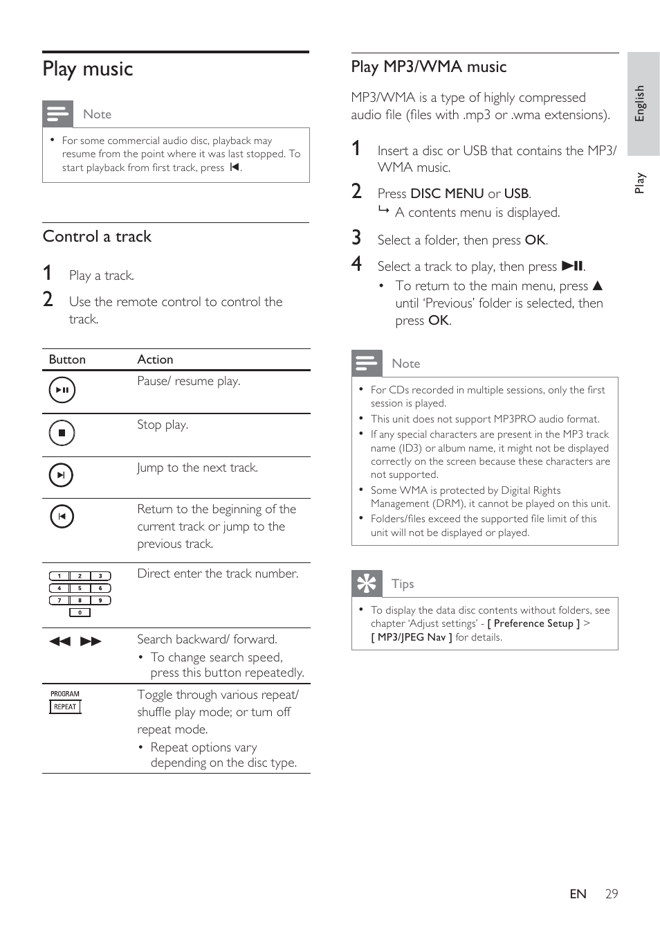Play music, Control a track, Play mp3/wma music | Philips HTS8141/12 User Manual | Page 29 / 51