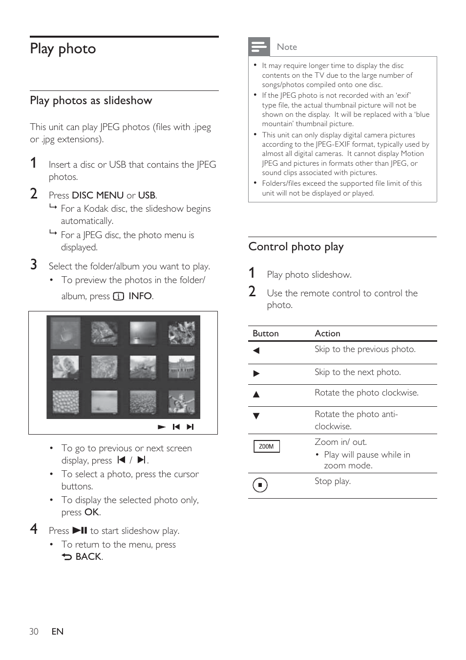 Play photo, Play photos as slideshow, Control photo play | Philips HTS8141/12 User Manual | Page 30 / 51