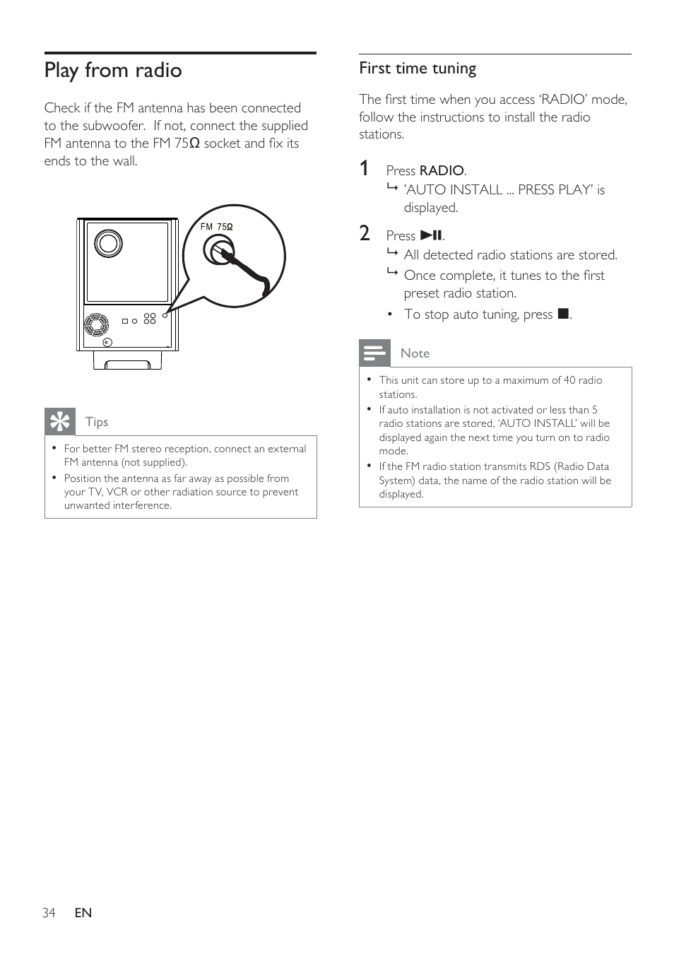 Play from radio, First time tuning | Philips HTS8141/12 User Manual | Page 34 / 51