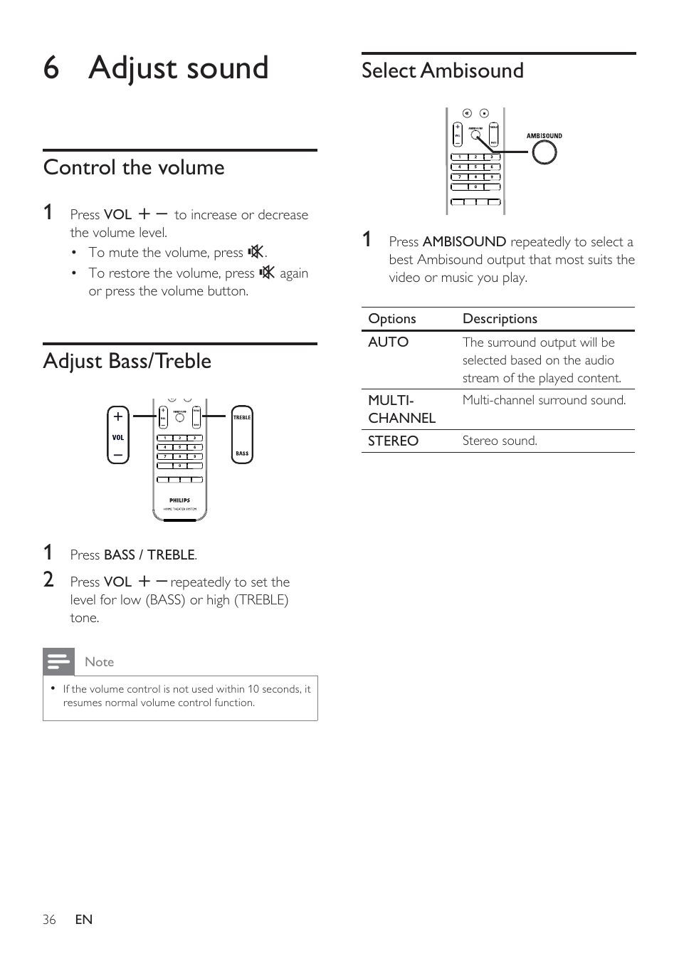 6 adjust sound, Control the volume 1, Adjust bass/treble 1 | Select ambisound 1 | Philips HTS8141/12 User Manual | Page 36 / 51