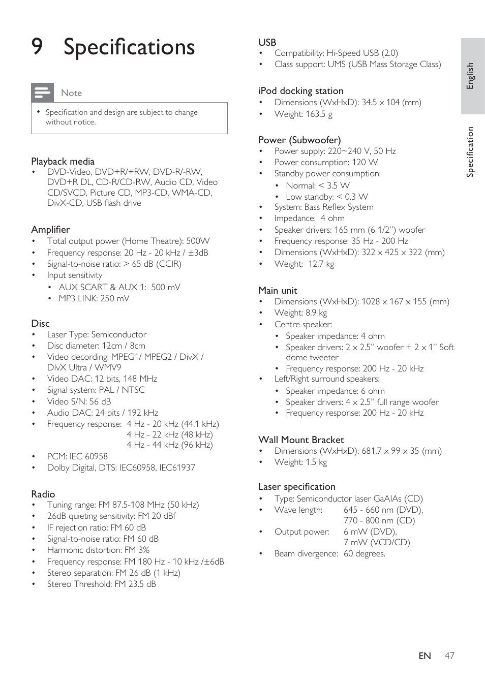 9 specià cations | Philips HTS8141/12 User Manual | Page 47 / 51