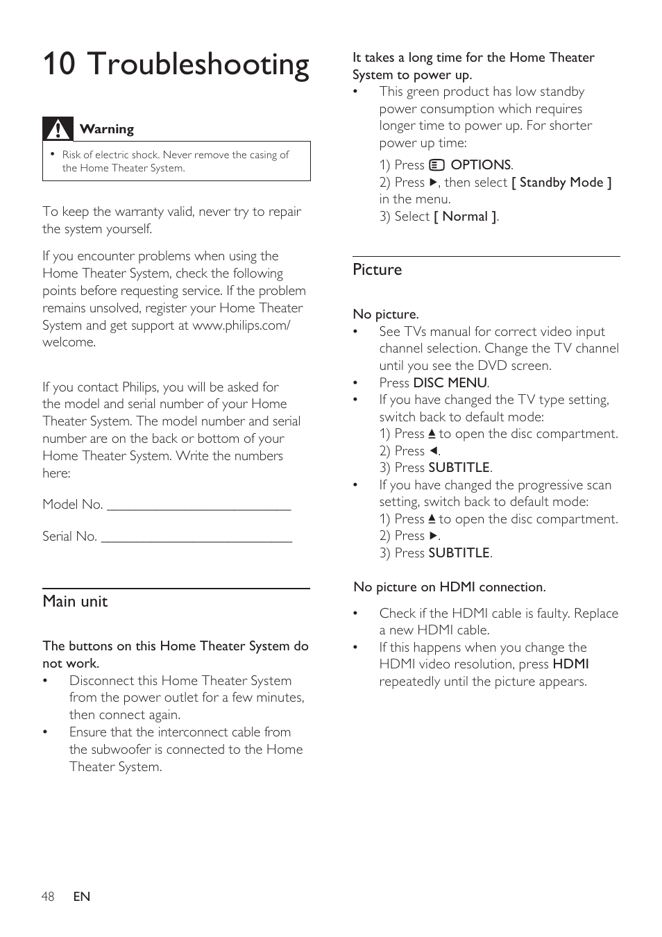 10 troubleshooting, Picture, Main unit | Philips HTS8141/12 User Manual | Page 48 / 51