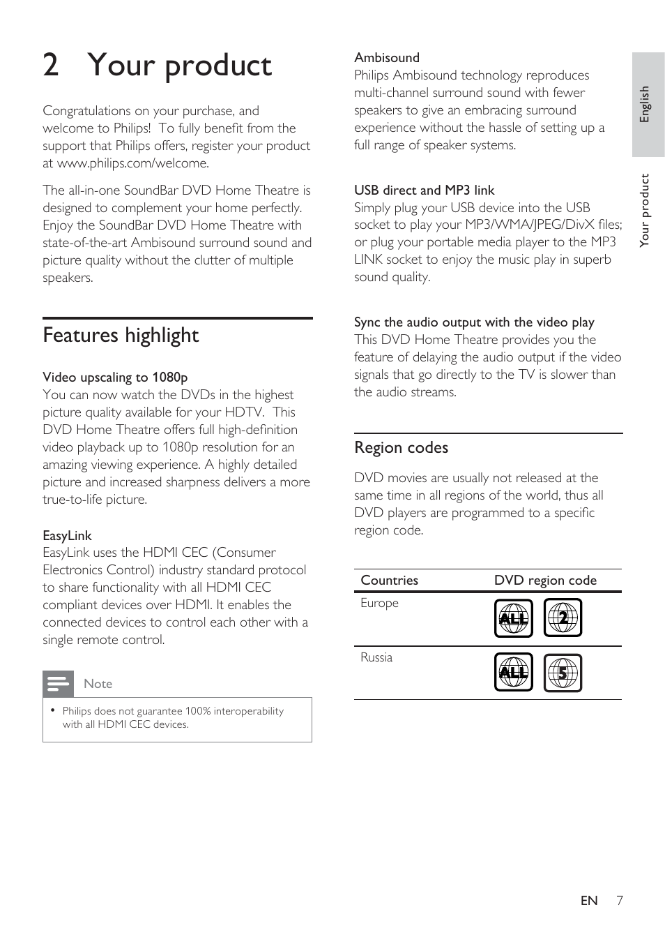 2 your product, Features highlight | Philips HTS8141/12 User Manual | Page 7 / 51