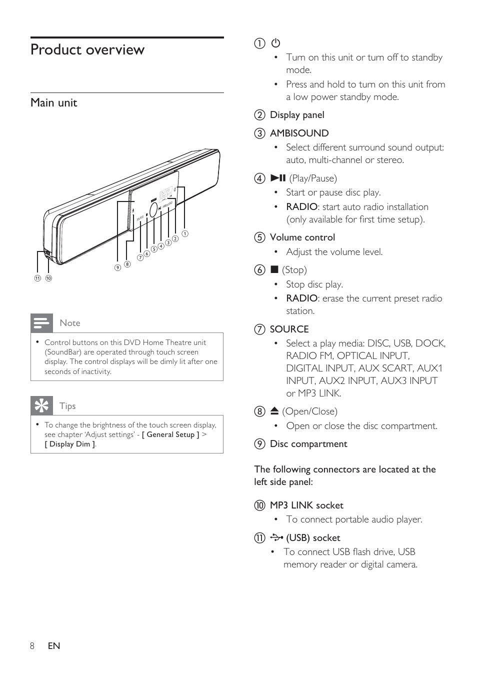 Product overview, Main unit | Philips HTS8141/12 User Manual | Page 8 / 51