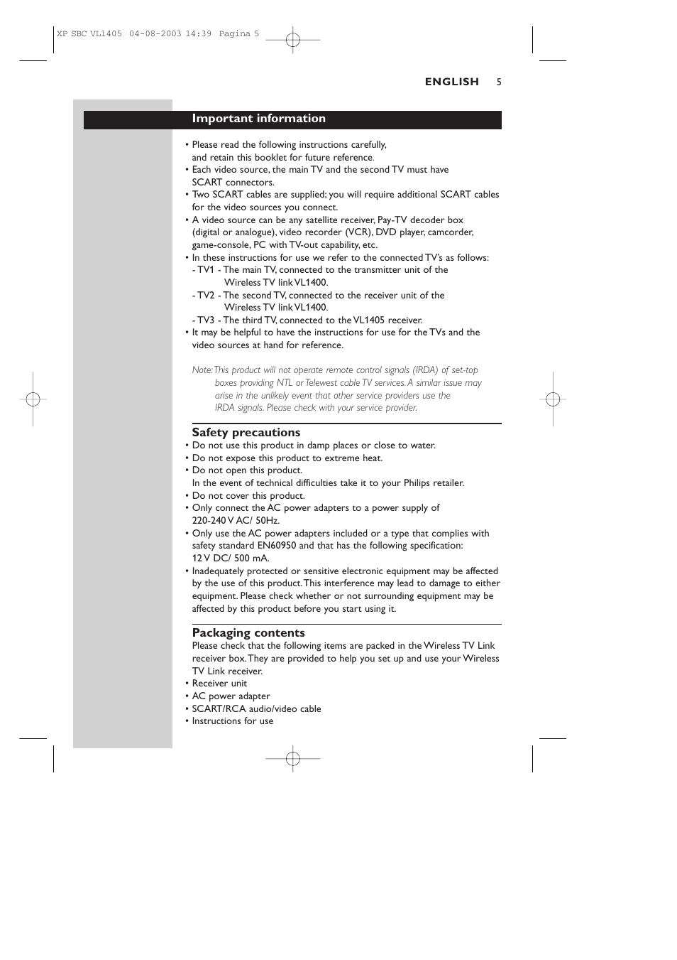 Philips VL1405 User Manual | Page 5 / 124