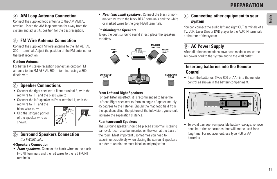 Preparation, A am loop antenna connection, B fm wire antenna connection | C speaker connections, D surround speakers connection, E connecting other equipment to your system, F ac power supply, Inserting batteries into the remote control | Philips FW320C User Manual | Page 11 / 27