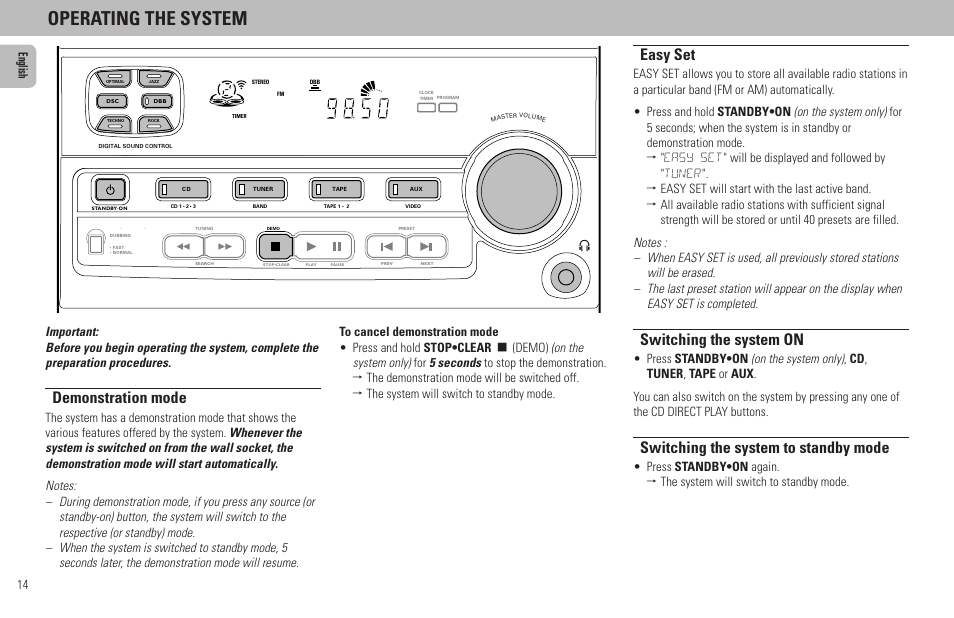 Operating the system, Easy set, Switching the system on | Switching the system to standby mode, Demonstration mode, 14 english, Fw 318c | Philips FW320C User Manual | Page 14 / 27